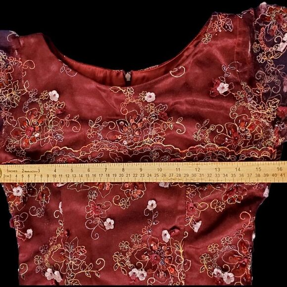 Romantic Womens Burgundy Red Tulle Dress with Floral Embellishments Size Small - Picture 10 of 16